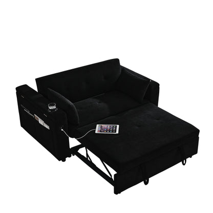 Canapé deux places en tissu noir 54'' : lit gigogne, rangement d'accoudoir et port de chargement USB