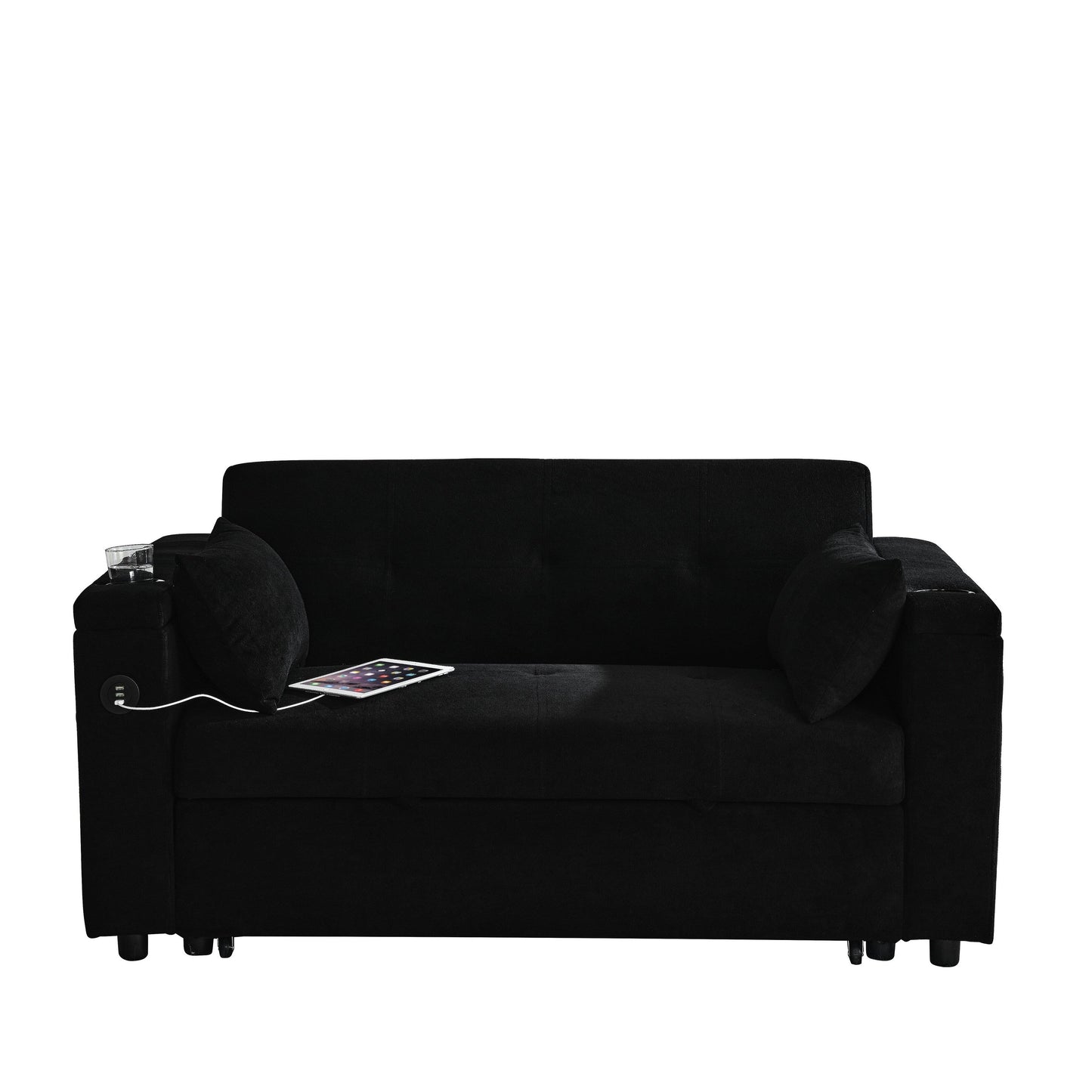 Canapé deux places en tissu noir 54'' : lit gigogne, rangement d'accoudoir et port de chargement USB