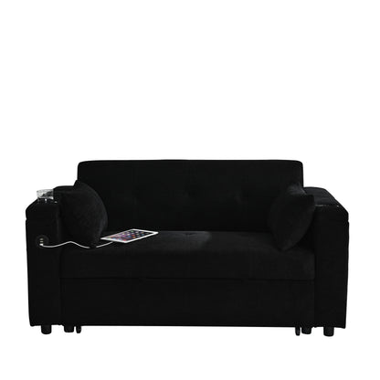 Canapé deux places en tissu noir 54'' : lit gigogne, rangement d'accoudoir et port de chargement USB