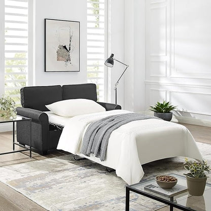 Canapé causeuse en lin noir 57,1 pouces avec accoudoirs roulés, matelas en mousse à mémoire de forme et pieds en plastique pour le salon