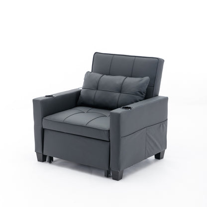 Canapé convertible 3 en 1 en similicuir noir 68.12 avec ports USB et tissu résistant à l'usure pour le salon