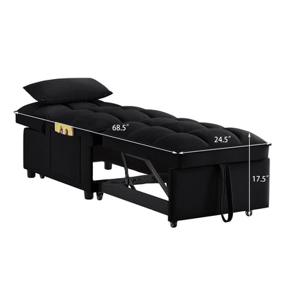 Canapé-lit simple pliant en velours noir 68,5 avec dossier réglable et oreillers pour salon