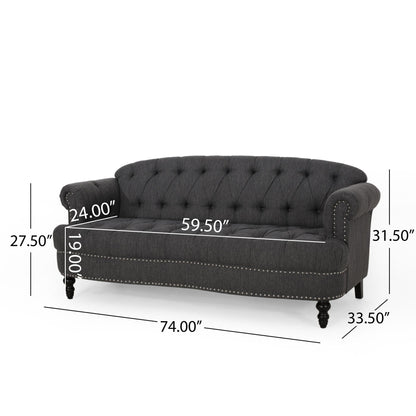 Canapé 3 places en tissu noir 74 pouces avec détails rivetés, revêtement en tissu durable et sièges spacieux pour le salon