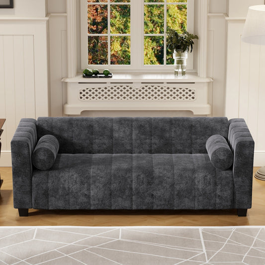 Canapé 3 places rembourré en chenille noire de 78,7 pouces avec assise extra-large et coussins amovibles