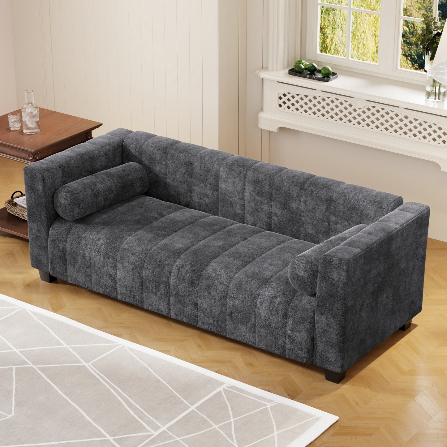 Canapé 3 places rembourré en chenille noire de 78,7 pouces avec assise extra-large et coussins amovibles