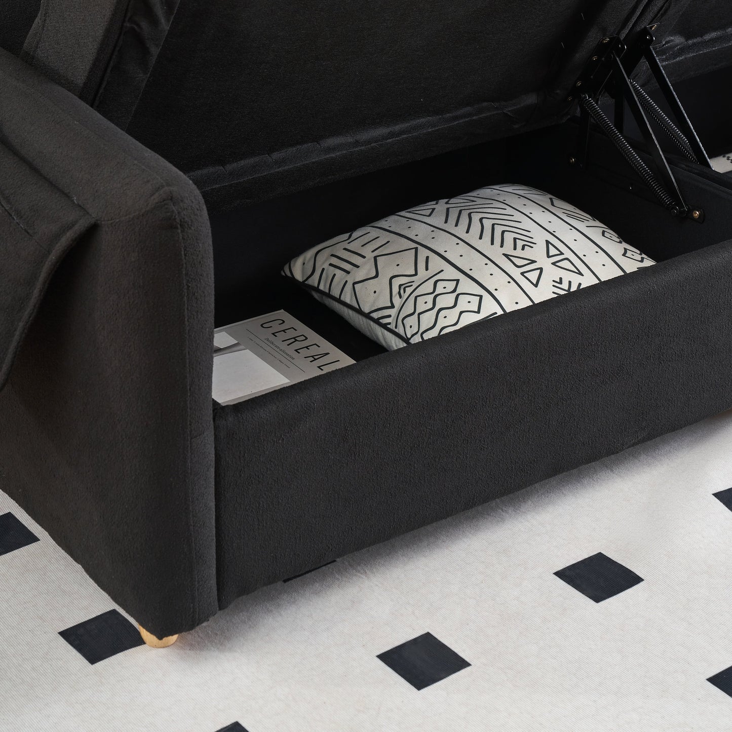 Canapé 3 places rembourré en tissu Teddy noir 79,50 $ avec rangement d'assise dissimulé pour le salon