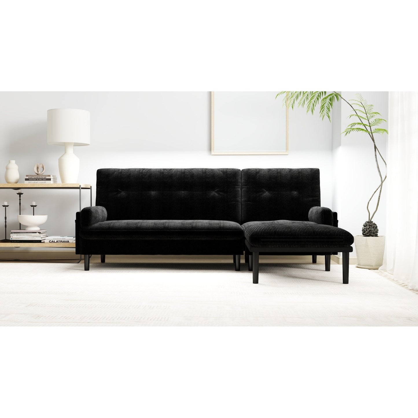 Canapé 3 places multifonctionnel réglable en velours côtelé noir 80.7, convertible en L et lit d'appoint