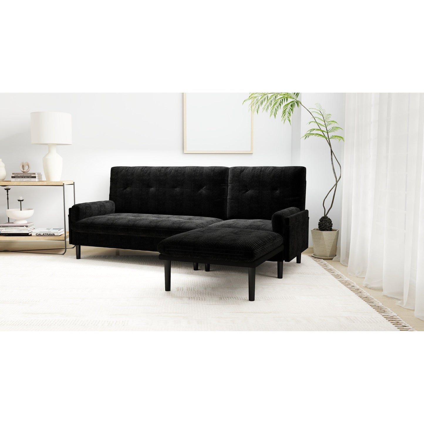 Canapé 3 places multifonctionnel réglable en velours côtelé noir 80.7, convertible en L et lit d'appoint