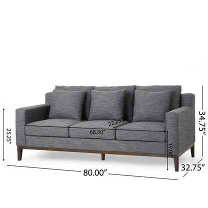 Canapé 3 places en tissu noir 80'' avec 3 coussins, base en bois, cadre en bois massif