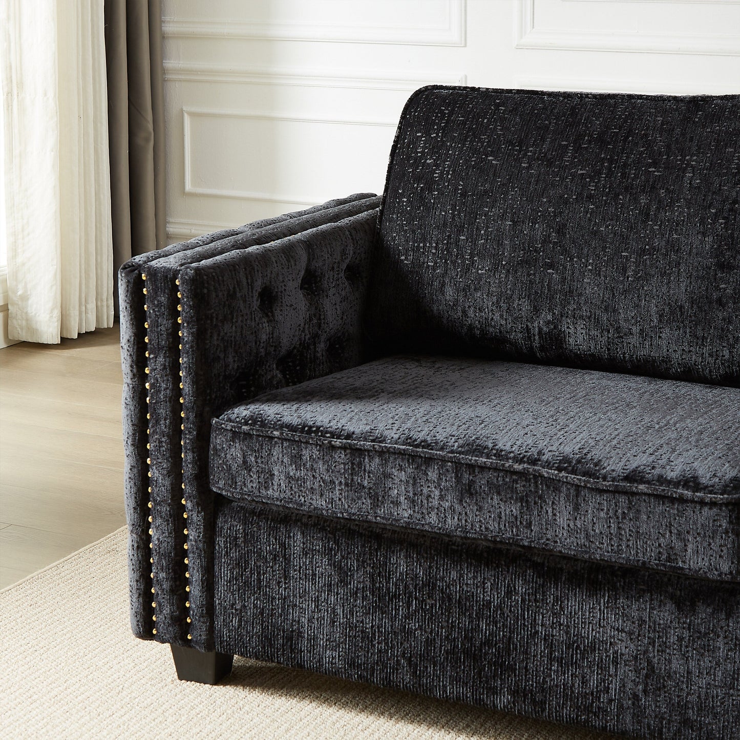 Canapé-lit 3 places en chenille noire 81 clous avec matelas en mousse à mémoire de forme pour le salon