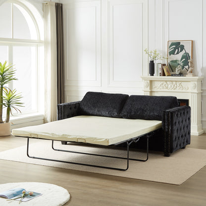 Canapé-lit 3 places en chenille noire 81 clous avec matelas en mousse à mémoire de forme pour le salon