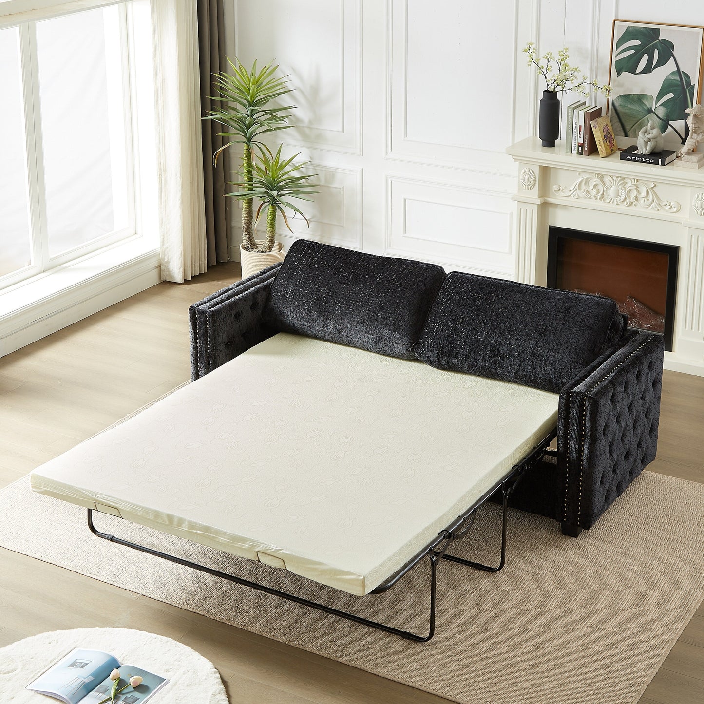 Canapé-lit 3 places en chenille noire 81 clous avec matelas en mousse à mémoire de forme pour le salon