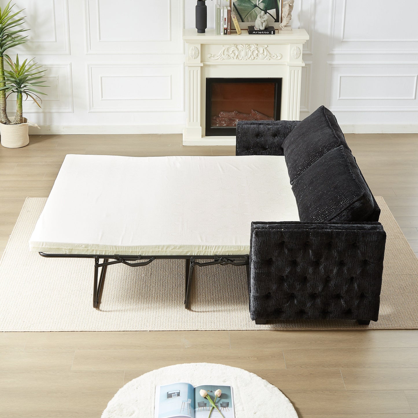 Canapé-lit 3 places en chenille noire 81 clous avec matelas en mousse à mémoire de forme pour le salon