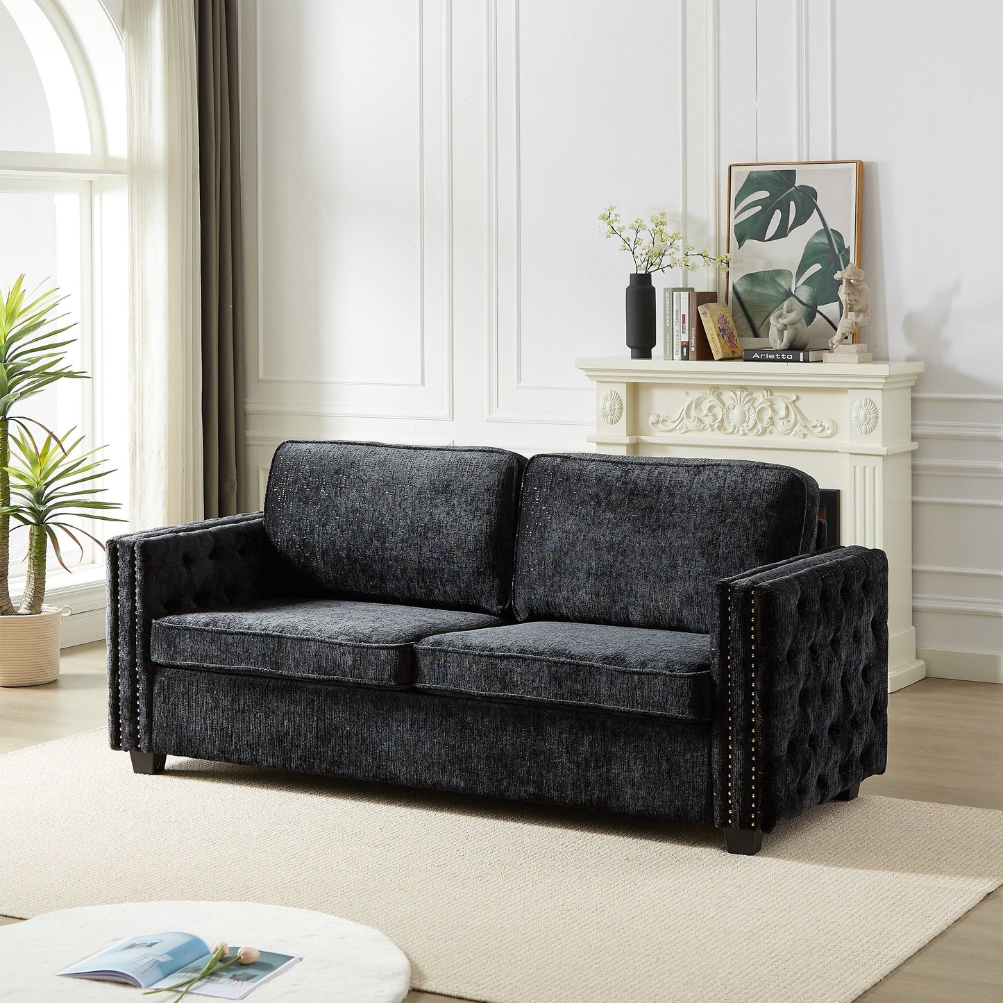 Canapé-lit 3 places en chenille noire 81 clous avec matelas en mousse à mémoire de forme pour le salon