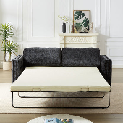 Canapé-lit 3 places en chenille noire 81 clous avec matelas en mousse à mémoire de forme pour le salon