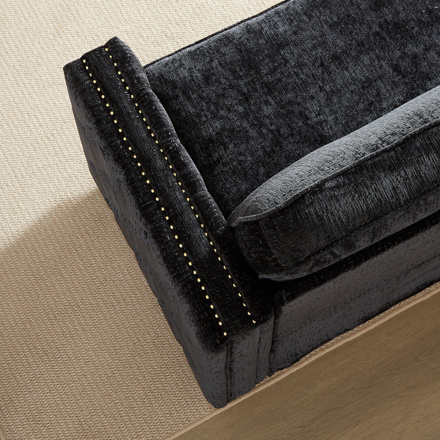 Canapé-lit 3 places en chenille noire 81 clous avec matelas en mousse à mémoire de forme pour le salon