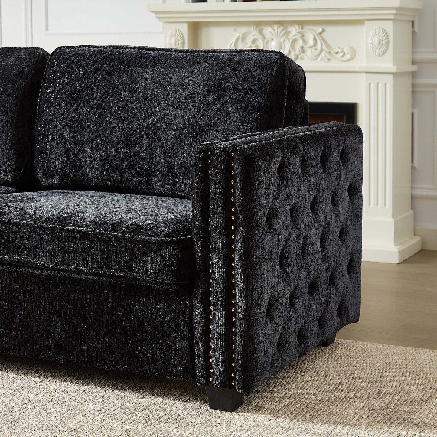 Canapé-lit 3 places en chenille noire 81 clous avec matelas en mousse à mémoire de forme pour le salon