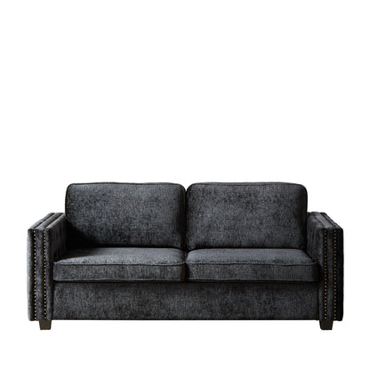 Canapé-lit 3 places en chenille noire 81 clous avec matelas en mousse à mémoire de forme pour le salon