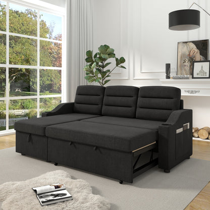 Canapé-lit convertible 3 places noir de 83,5 pouces avec lumières LED, ports USB, lit gigogne et méridienne de rangement