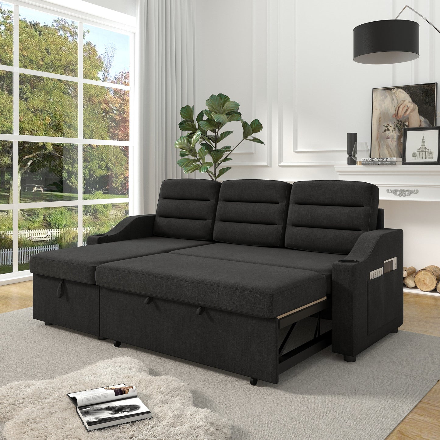 Canapé-lit 3 places en polyester noir de 83,5 pouces avec lit gigogne, fauteuil inclinable avec rangement, porte-gobelet et poches latérales