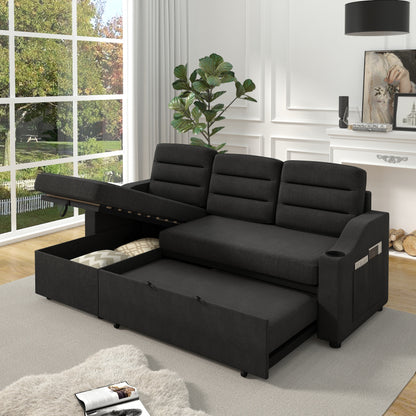 Canapé-lit 3 places en polyester noir de 83,5 pouces avec lit gigogne, fauteuil inclinable avec rangement, porte-gobelet et poches latérales