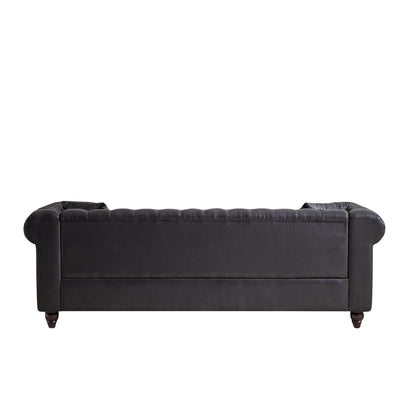 Canapé Chesterfield 3 places en tissu technique noir 85,5 avec accoudoirs roulés et 2 coussins pour le salon