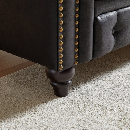 Canapé Chesterfield 3 places en tissu technique noir 85,5 avec accoudoirs roulés et 2 coussins pour le salon