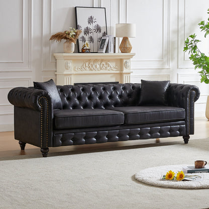 Canapé Chesterfield 3 places en tissu technique noir 85,5 avec accoudoirs roulés et 2 coussins pour le salon