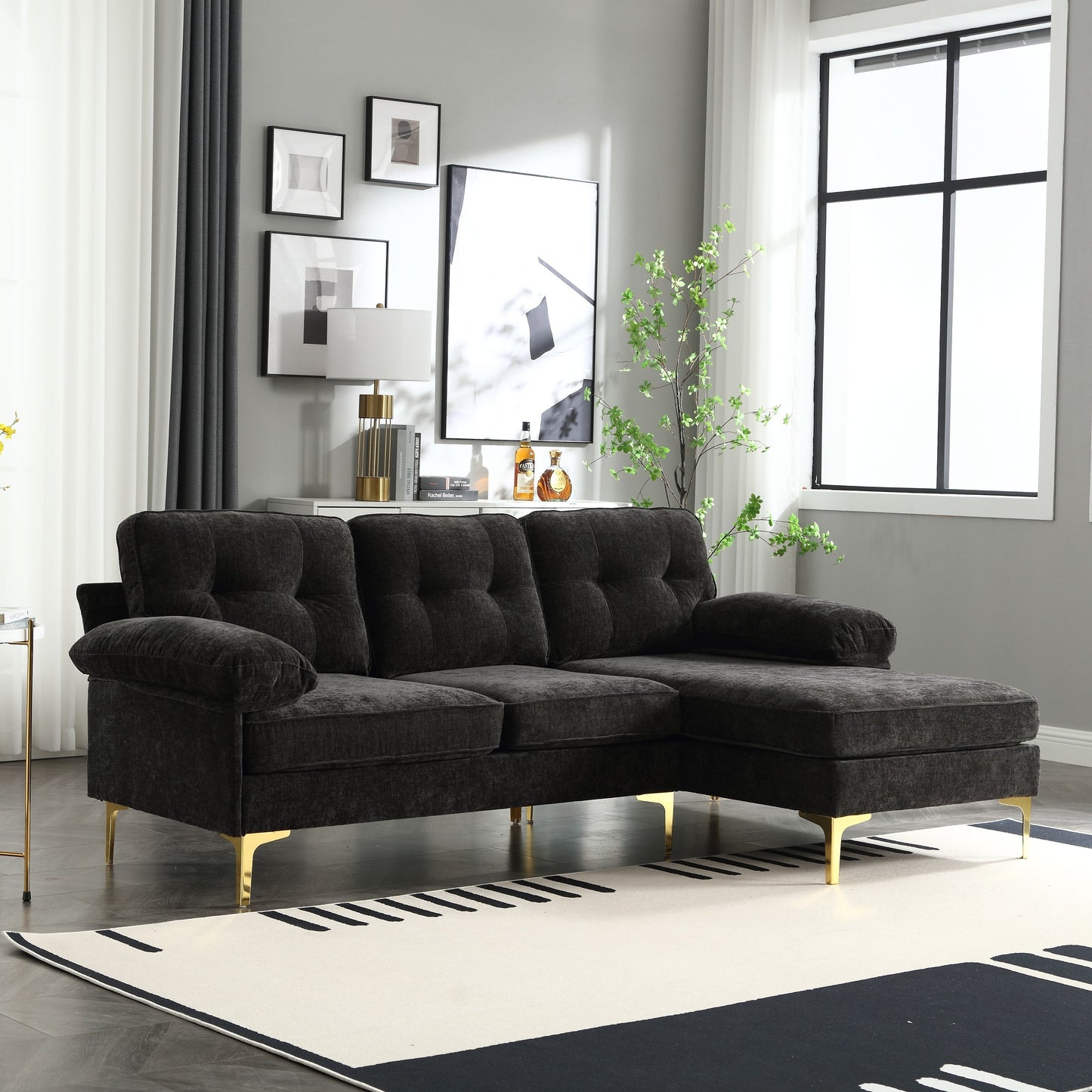 Canapé 3 places en tissu noir 85'' en forme de L avec méridienne, cadre en bois et renfort de coussin à ressorts