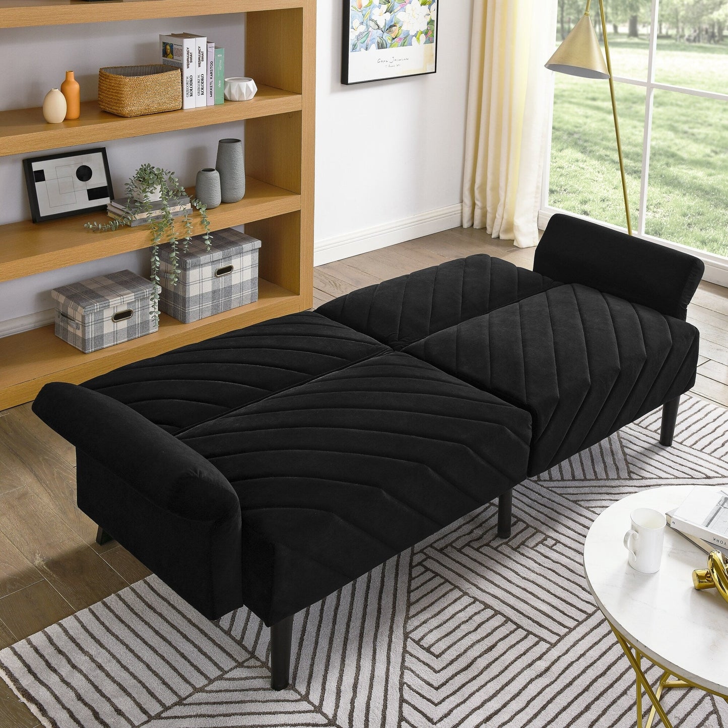 Canapé-lit futon convertible capitonné en velours noir 87 avec accoudoirs réglables pour salon