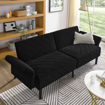 Canapé-lit futon convertible capitonné en velours noir 87 avec accoudoirs réglables pour salon