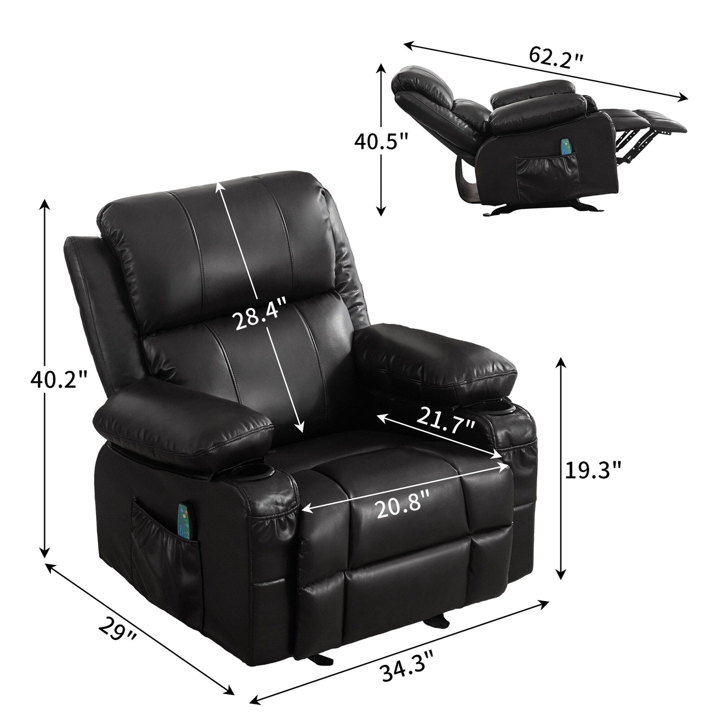 Fauteuil inclinable réglable noir avec massage, chauffage, chargement USB, deux porte-gobelets et rangement latéral
