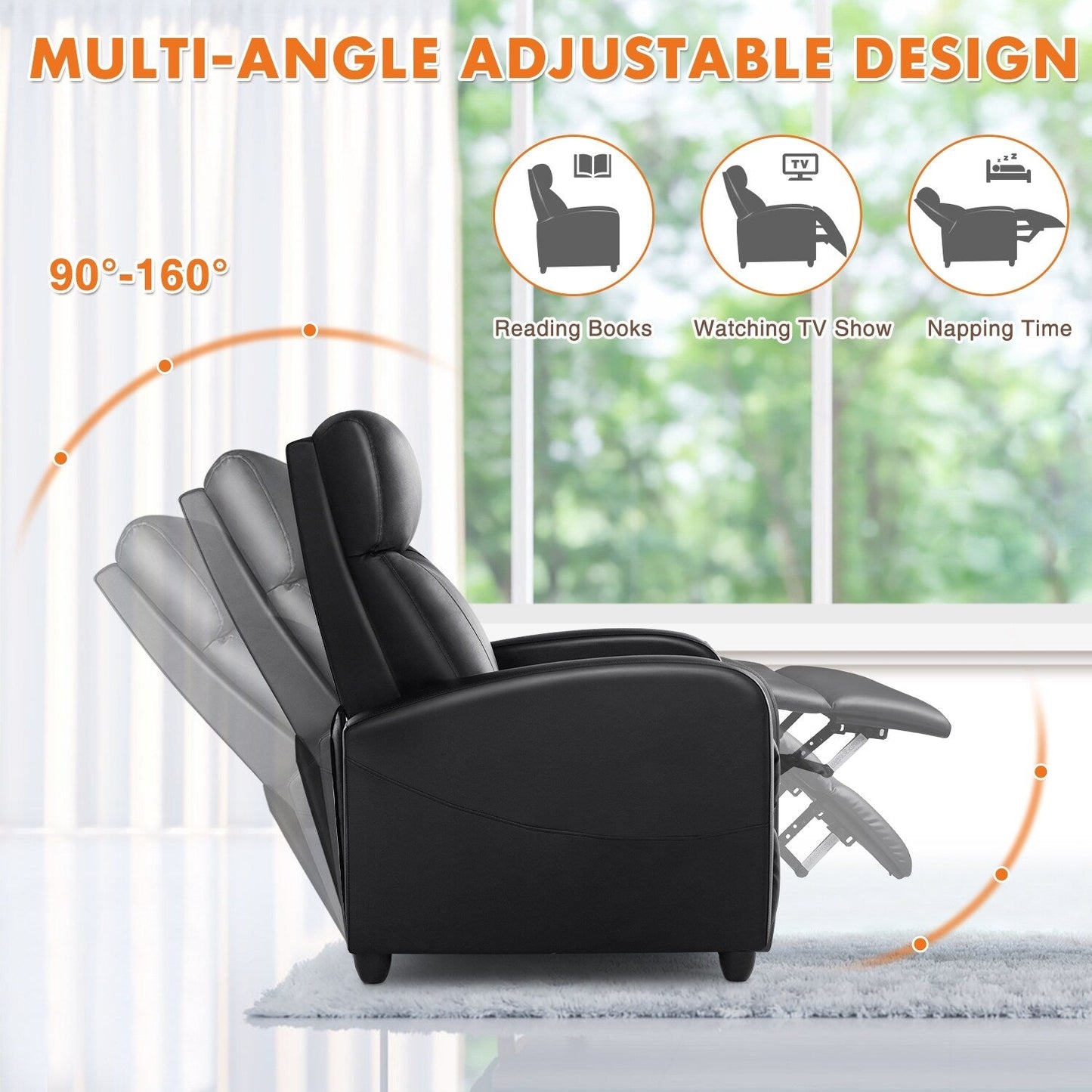 Fauteuil inclinable réglable noir avec 8 modes de massage et soutien lombaire pour la relaxation et le cinéma maison