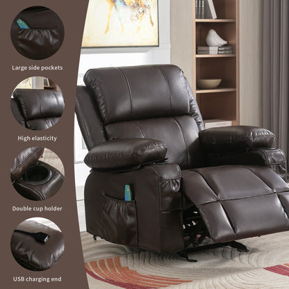Fauteuil inclinable réglable noir avec massage, fonctions chauffantes, chargement USB, 2 porte-gobelets et rangement latéral
