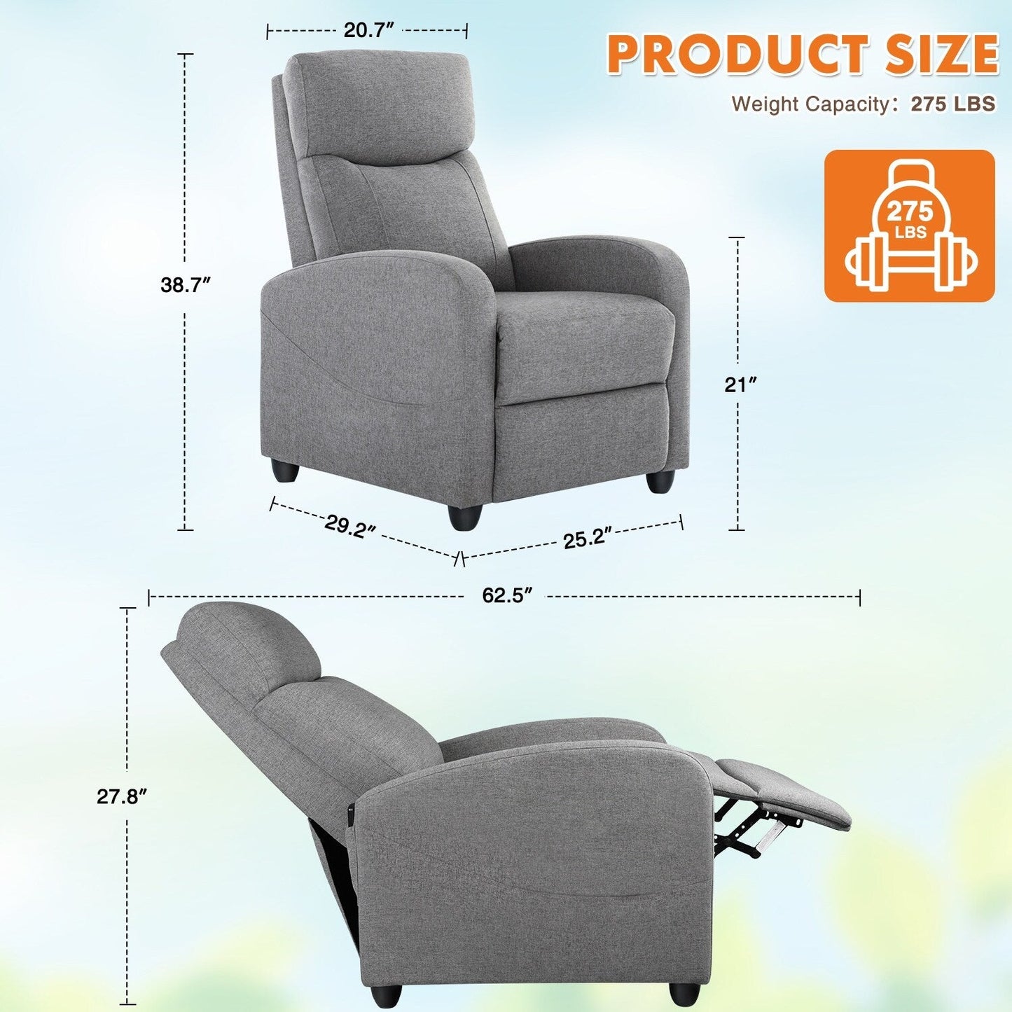 Fauteuil inclinable réglable noir avec 8 modes de massage, support lombaire et idéal pour une utilisation en home cinéma