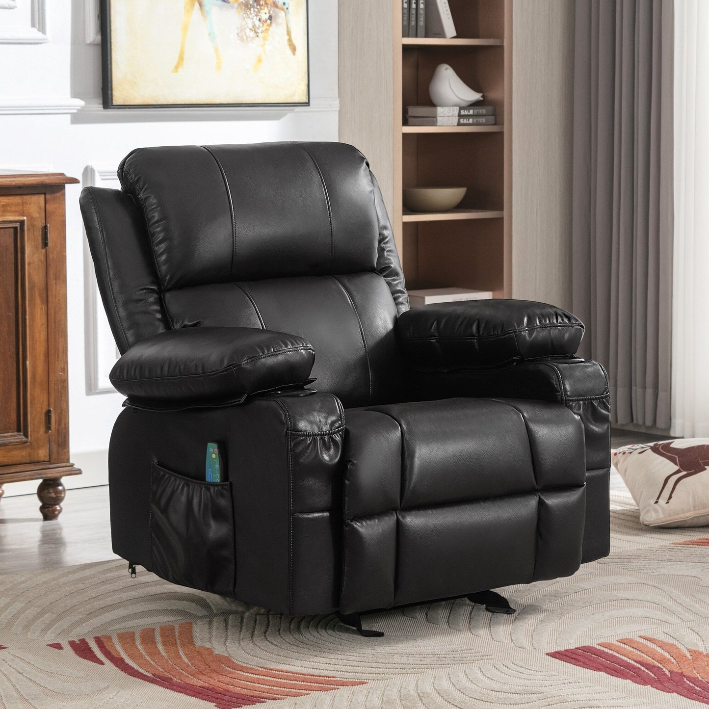 Fauteuil inclinable réglable noir avec massage, chauffage, port USB et rangement latéral
