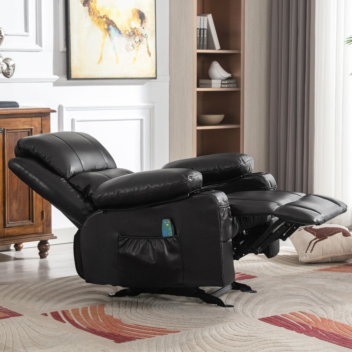 Fauteuil inclinable réglable noir avec massage, chauffage, port USB et rangement latéral