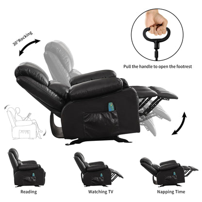 Fauteuil inclinable réglable noir avec massage, chauffage, port USB et rangement latéral