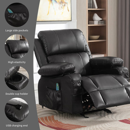 Fauteuil inclinable réglable noir avec massage, chauffage, port USB et rangement latéral