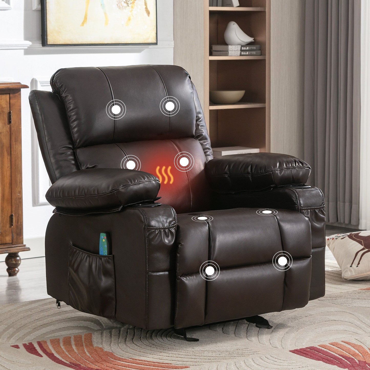 Fauteuil inclinable réglable noir avec massage, fonctions chauffantes, chargement USB, deux porte-gobelets et rangement latéral