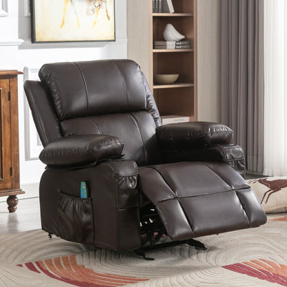 Fauteuil inclinable réglable noir avec massage, fonctions chauffantes, chargement USB, deux porte-gobelets et rangement latéral