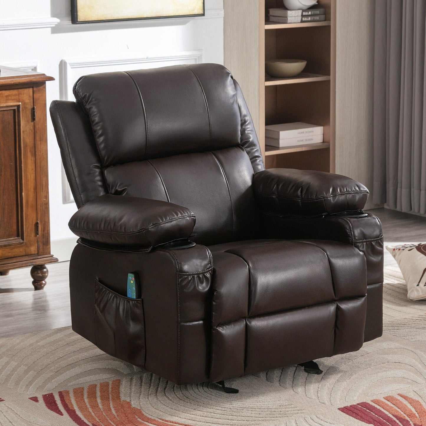 Fauteuil inclinable réglable noir avec massage, fonctions chauffantes, chargement USB, deux porte-gobelets et rangement latéral