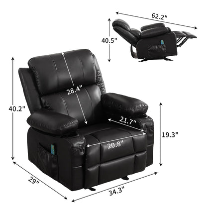 Fauteuil inclinable à bascule réglable noir, avec port USB, porte-gobelets, fonctions massage et chauffage