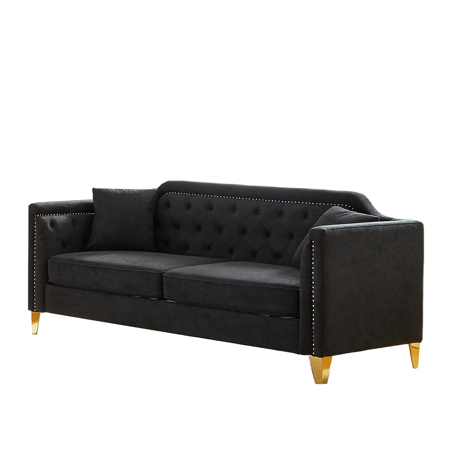 Canapé capitonné 3 places en chenille noire avec décoration cloutée en cuivre