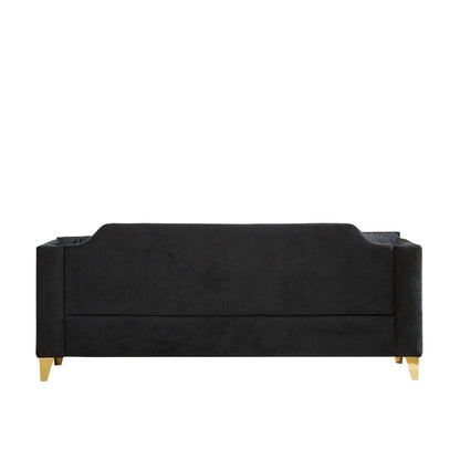 Canapé capitonné 3 places en chenille noire avec décoration cloutée en cuivre