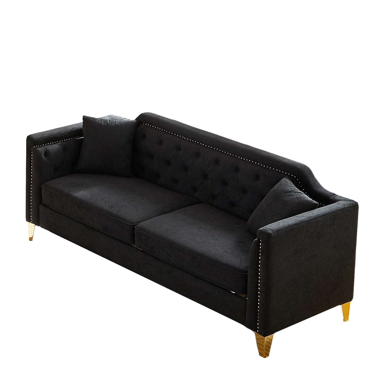 Canapé capitonné 3 places en chenille noire avec décoration cloutée en cuivre