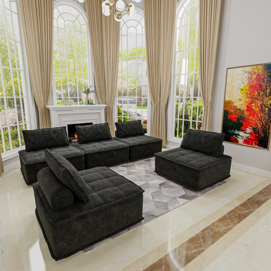 Ensemble de canapés modulaires 5 pièces en chenille noire