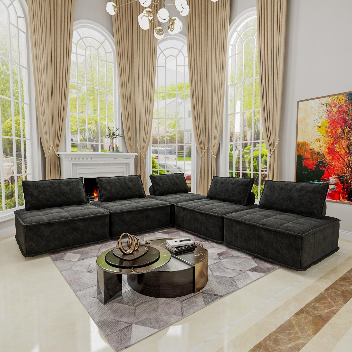 Ensemble de canapés modulaires 5 pièces en chenille noire