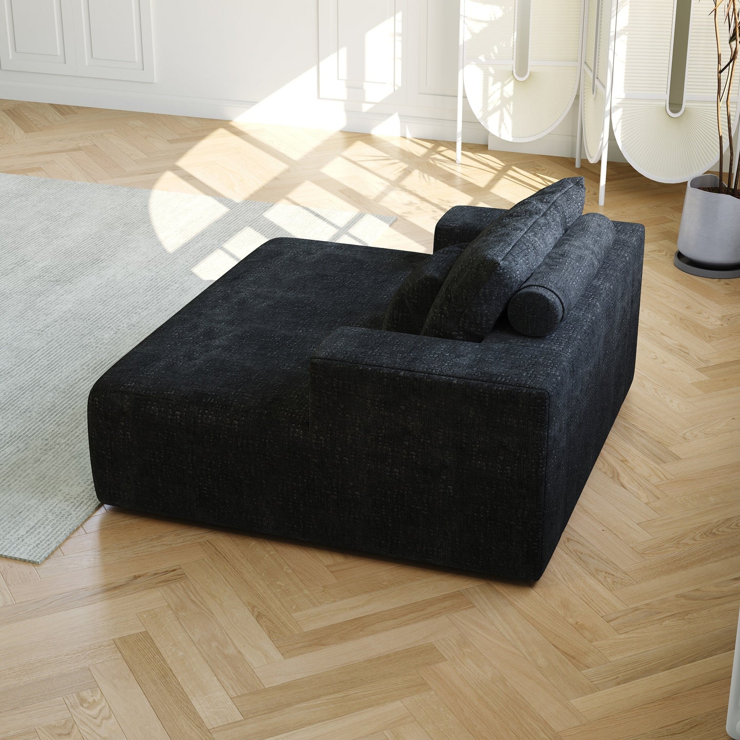 Canapé-lit simple en chenille noire avec coussin de dossier