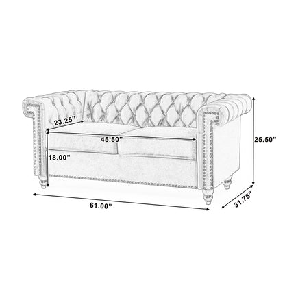 Canapé Chesterfield noir capitonné à 61 boutons avec têtes de clous et pieds en bois pour le salon